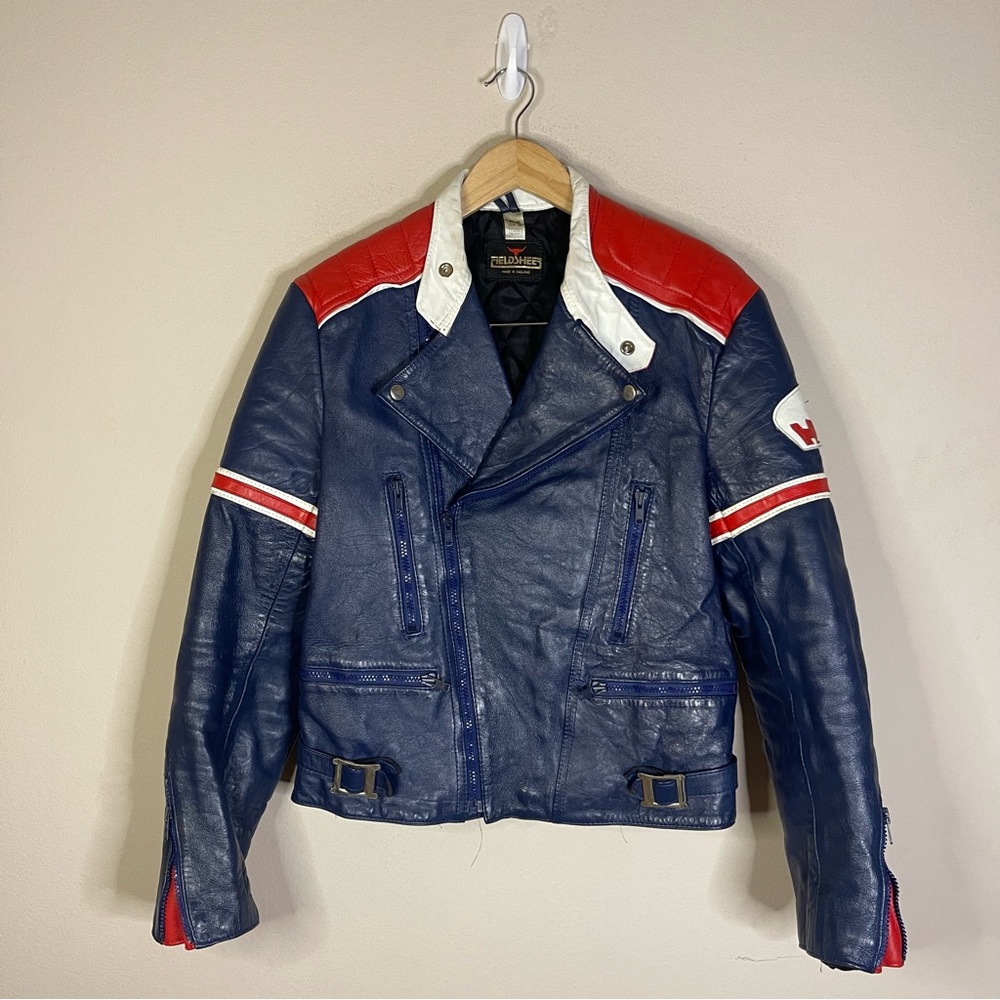 Vintage Fieldsheer | Red White & Blue Leather Motorcycle Race Car Biker Jacket